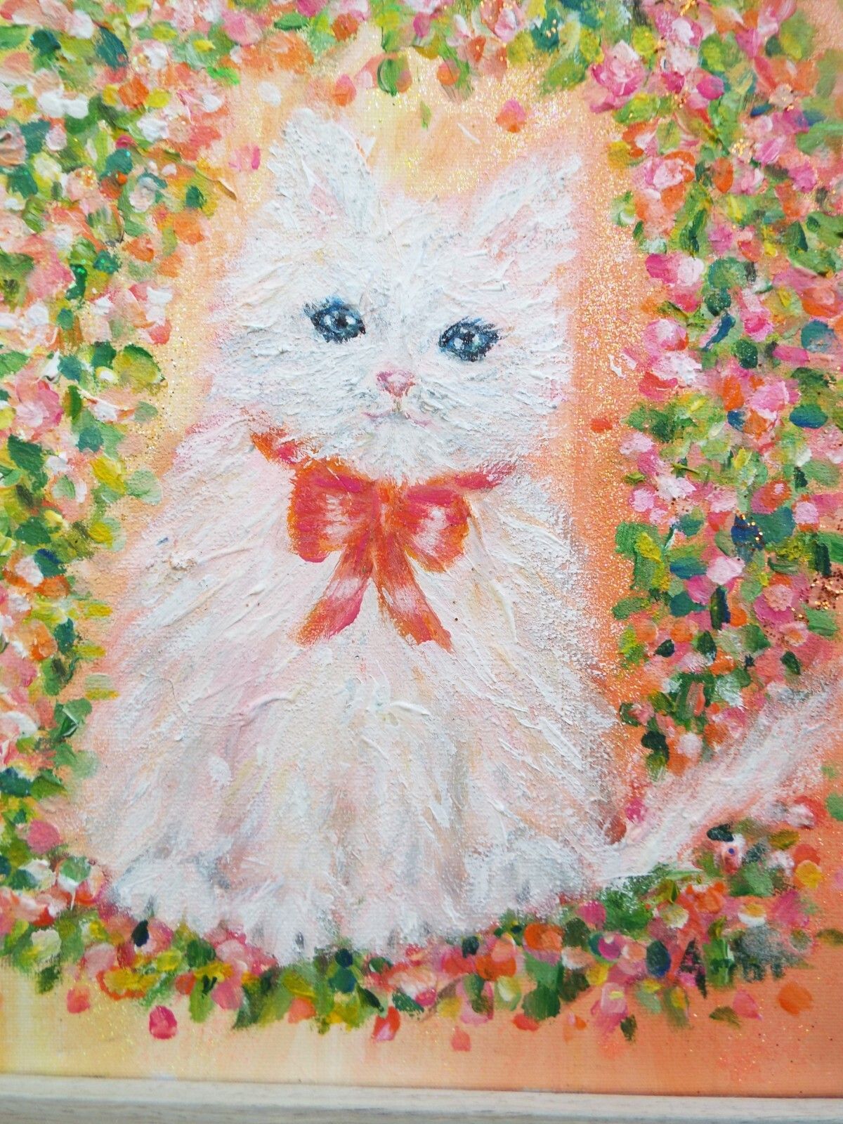 Original Painting Cute White Kitten Cat Under Floral Arch Andi J Lucas photo for sale