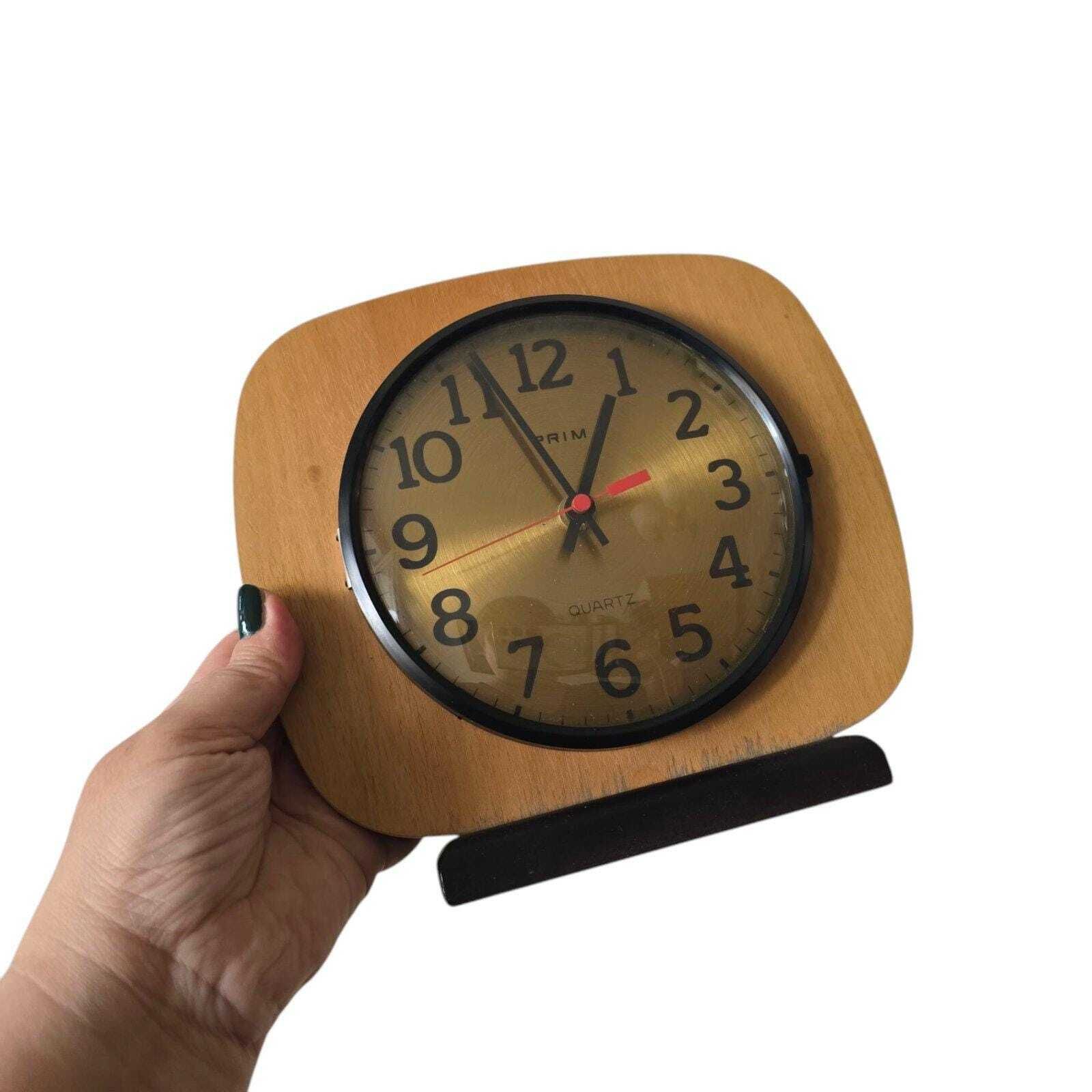 Mid Century Wooden And Brass Wall Clock Prim сhehoslovakia 70s photo vinterior