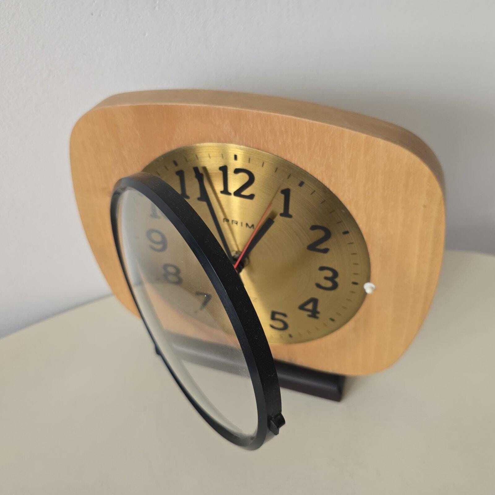 photo furniture Mid Century Wooden And Brass Wall Clock Prim сhehoslovakia 70s