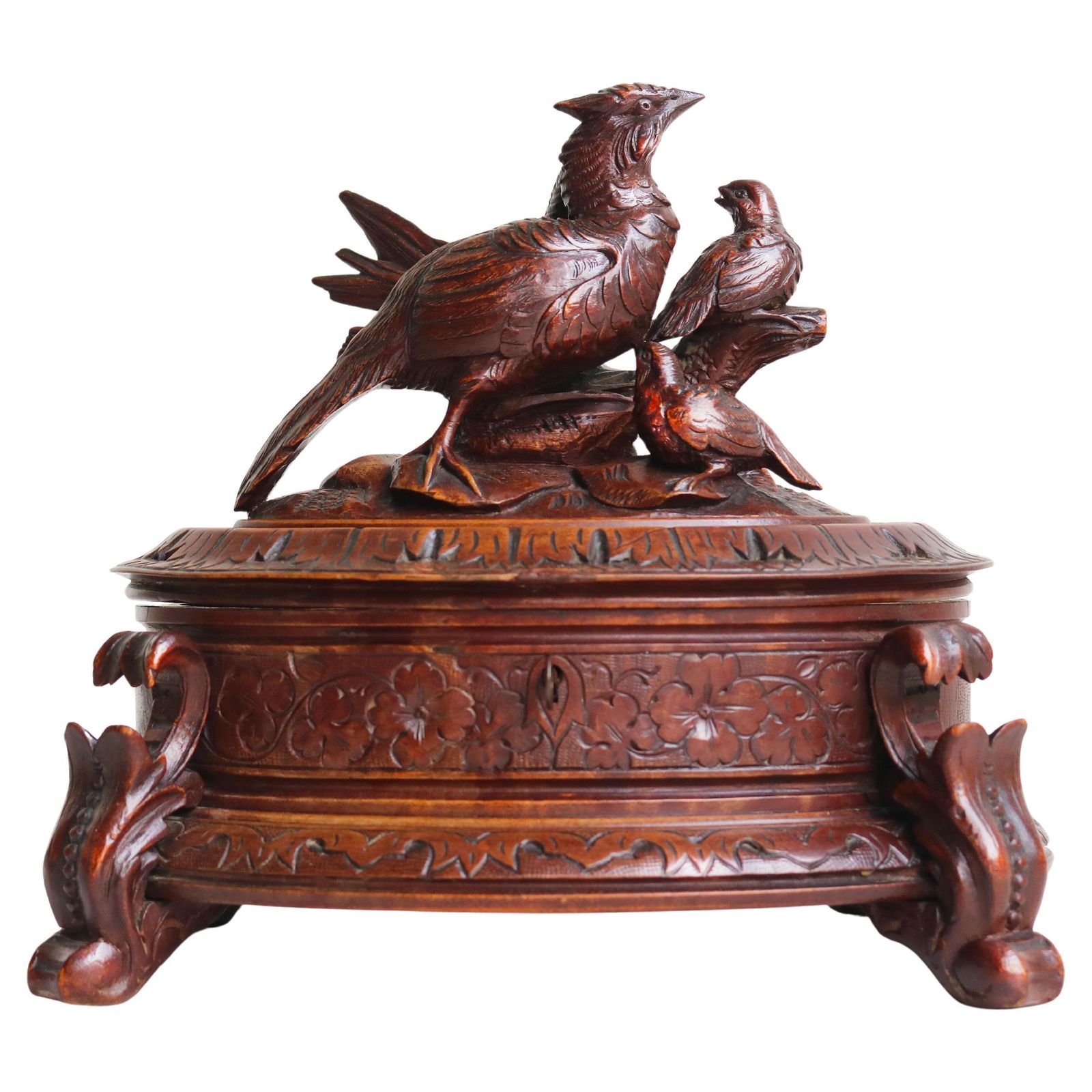Large Oval Antique Swiss 19th Century Black Forest Jewelry Box Walnut 3 Birds