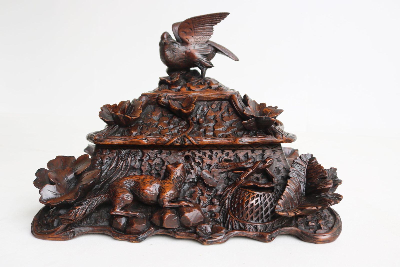Rare 2 Tier Swiss 19th Century Black Forest Jewelry Box Hand Carved Fox & Bird. photo furniture