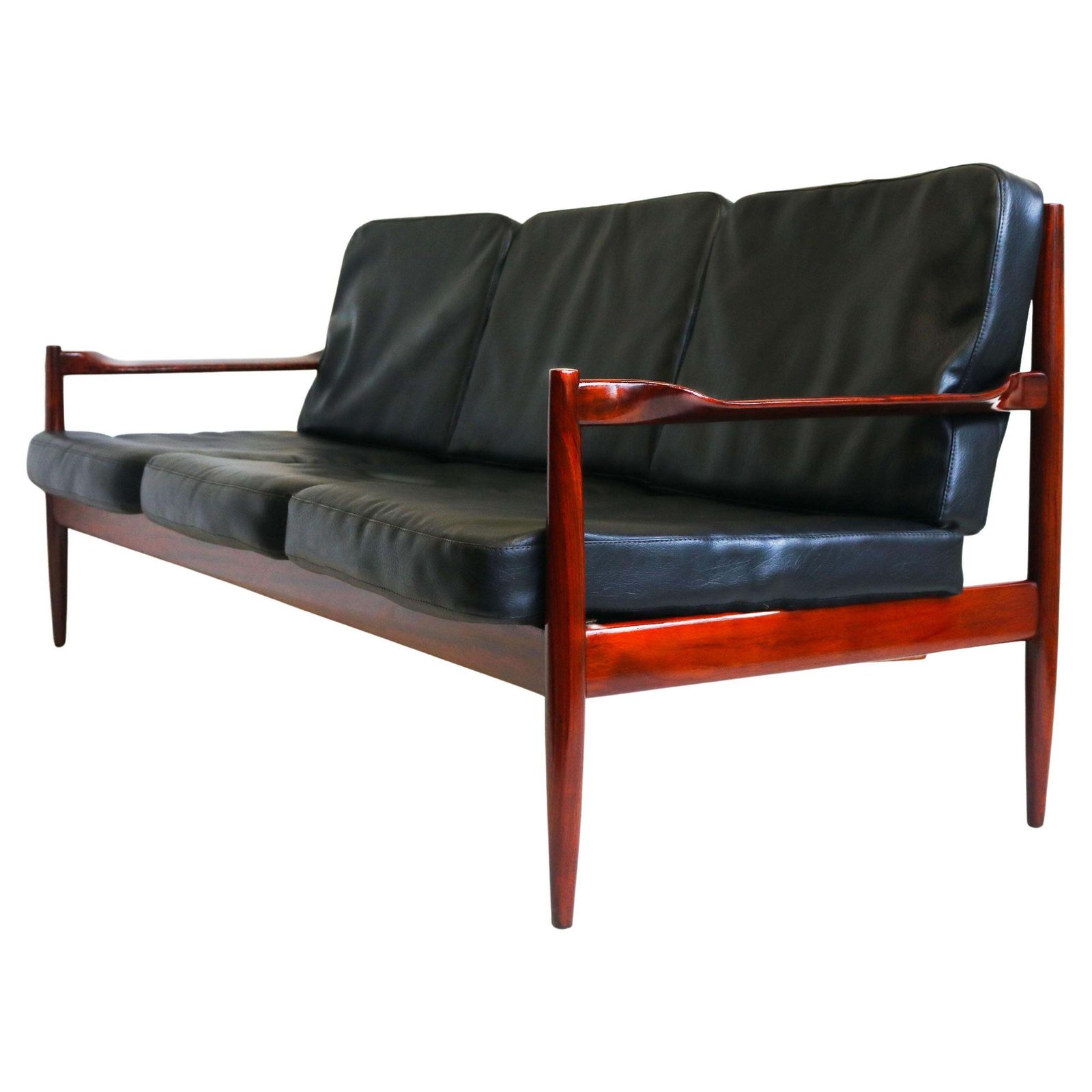 Exquisite Danish Design 3 Seater Sofa By Grete Jalk In Black Leather & Teak 1950
