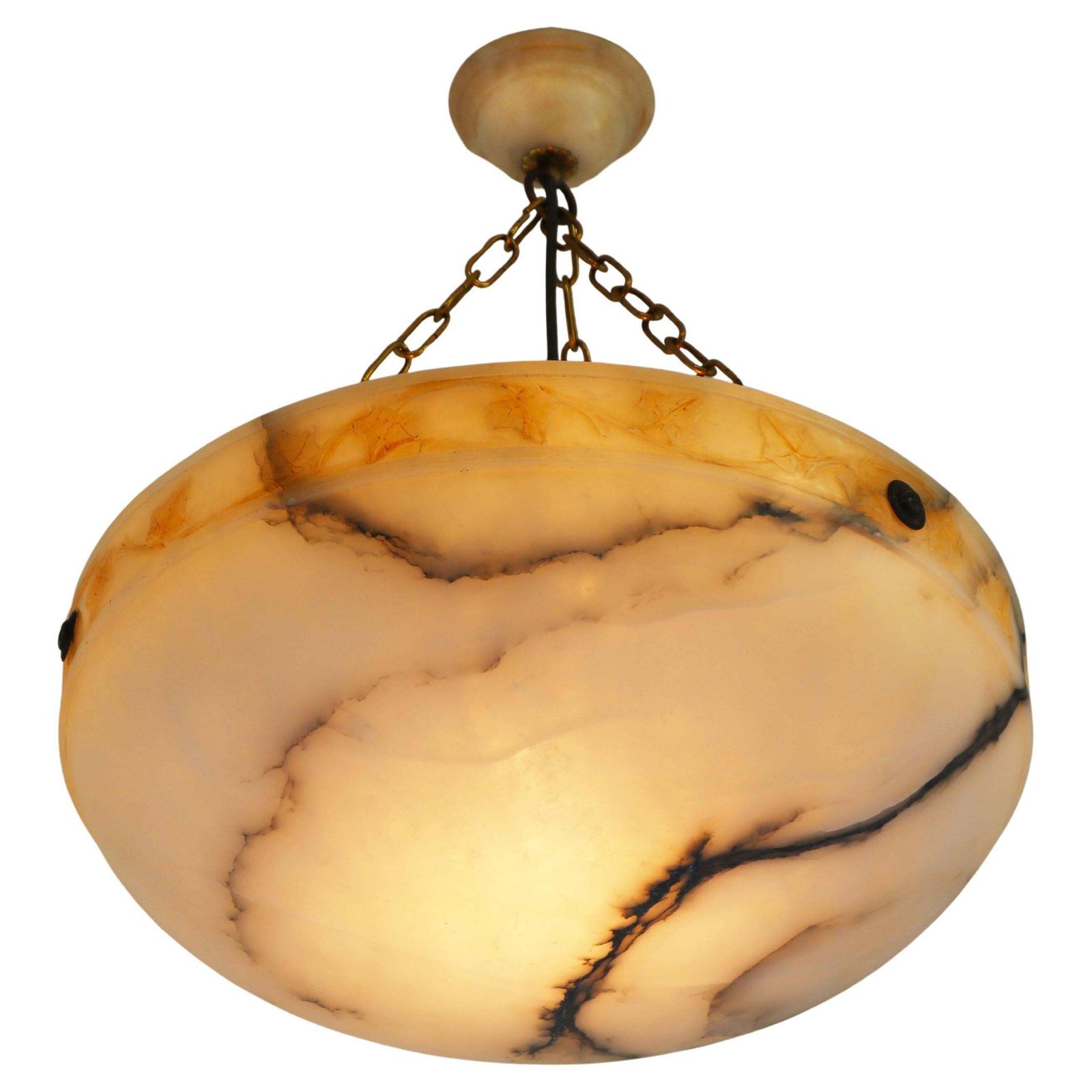 Grote ø 50,3 Cm Witte Alabasten Art Nouveau Hanglamp Met Gesneden Bladeren