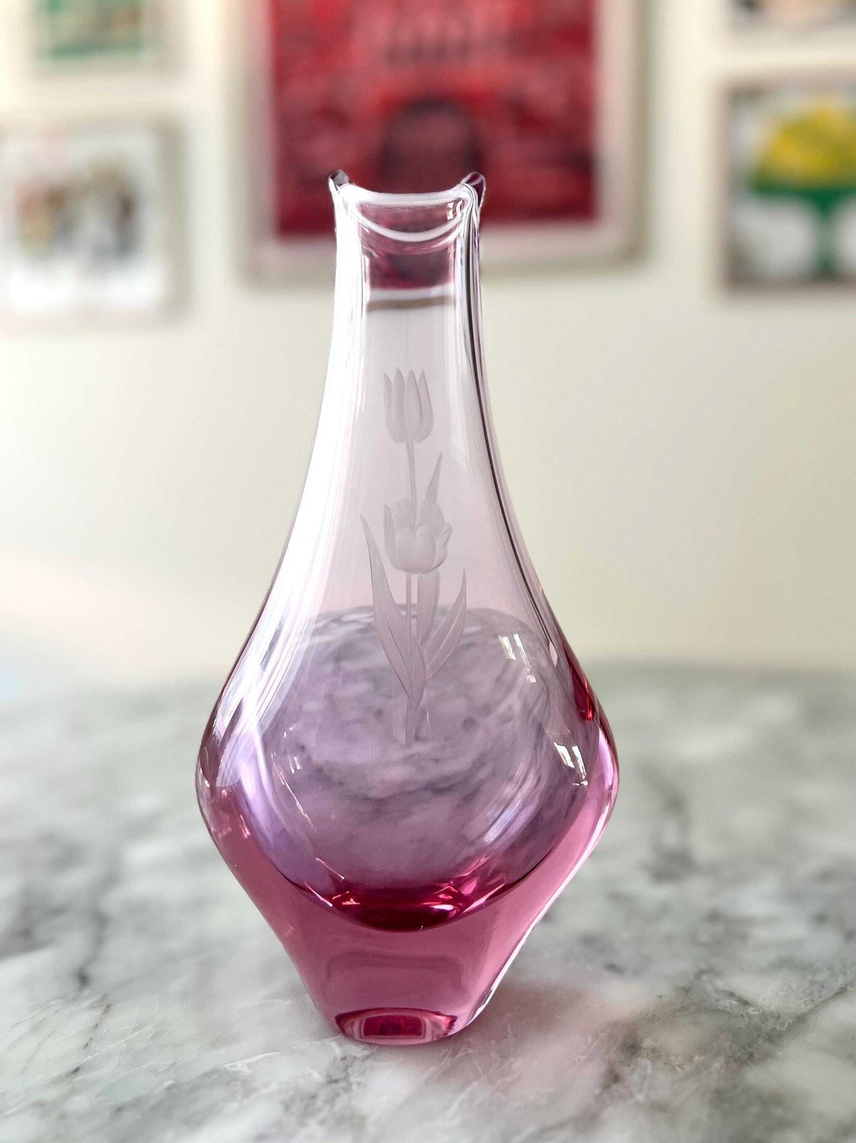 Pink Alexandrite Glass Vase With Etched Tulips   Zelezny Brod Sklo Vase   Neodymium Glass Vase   Zbs Sklo Union photo buy