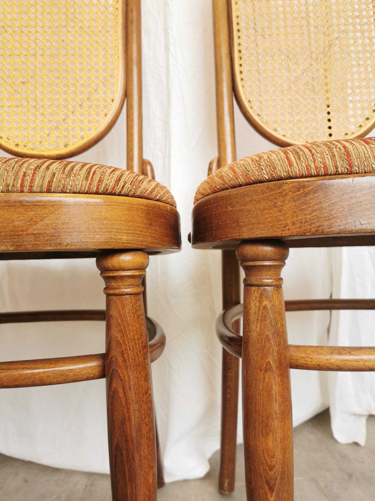 Set Of 4 Vintage High Backrest Dining Chairs / 1970s Thonet Style Bentwood Dine Chairs / Cane Back Fabric Seat / Mid Century Wooden Chairs photo for sale
