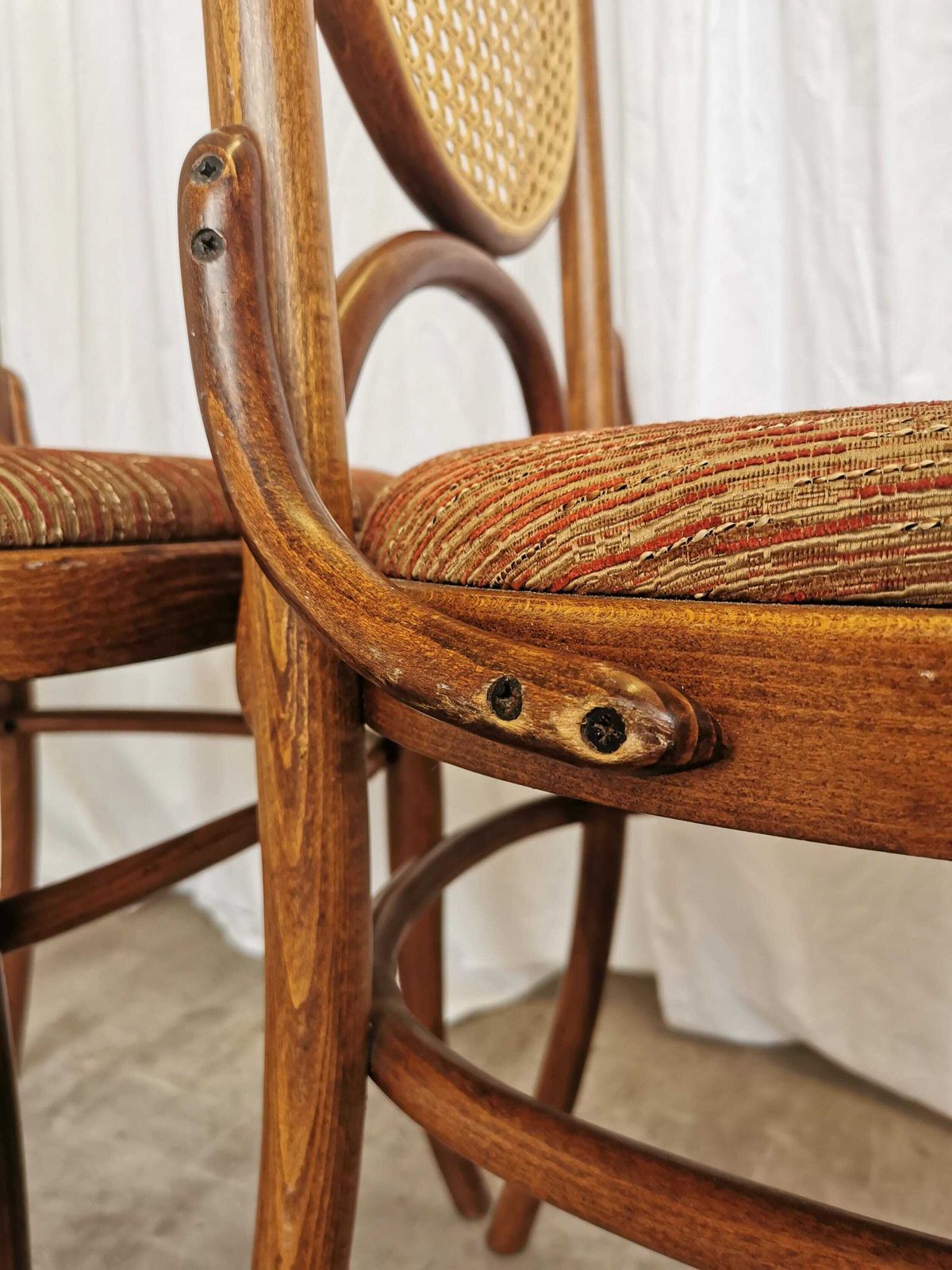 photo furniture Set Of 4 Vintage High Backrest Dining Chairs / 1970s Thonet Style Bentwood Dine Chairs / Cane Back Fabric Seat / Mid Century Wooden Chairs