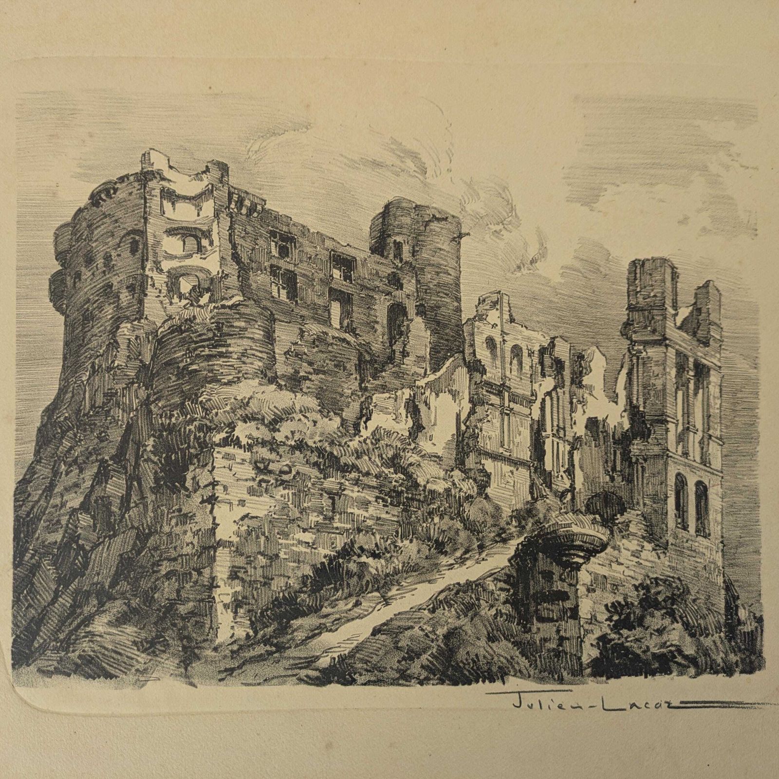 Antique Julien Lacaze Engraving Of Exterior Of Castle Ruins France, Signed French Art Print photo vintage