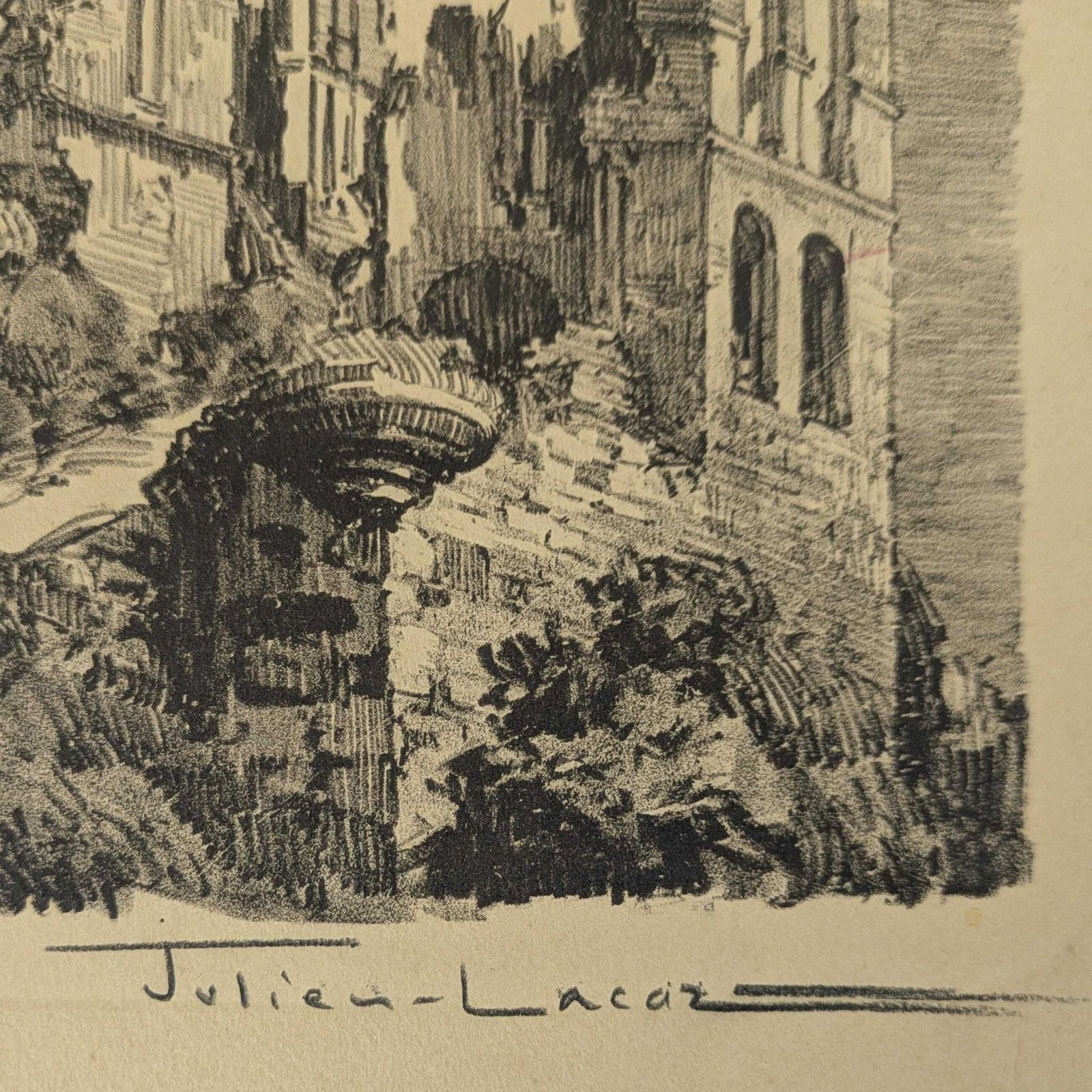 photo furniture Antique Julien Lacaze Engraving Of Exterior Of Castle Ruins France, Signed French Art Print