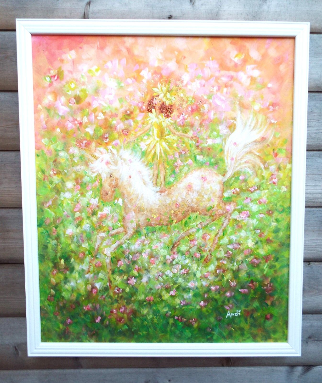 Fantasy Art Large Framed Original Painting Floral Fairy Horse Pony Andi J Lucas