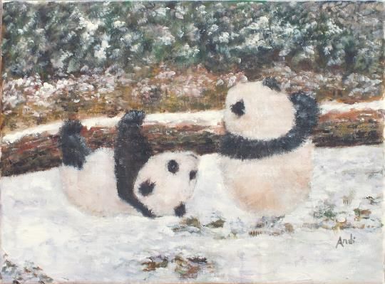 Panda Cubs Playing In Snow  Original Painting Signed  Andi J Lucas photo for sale
