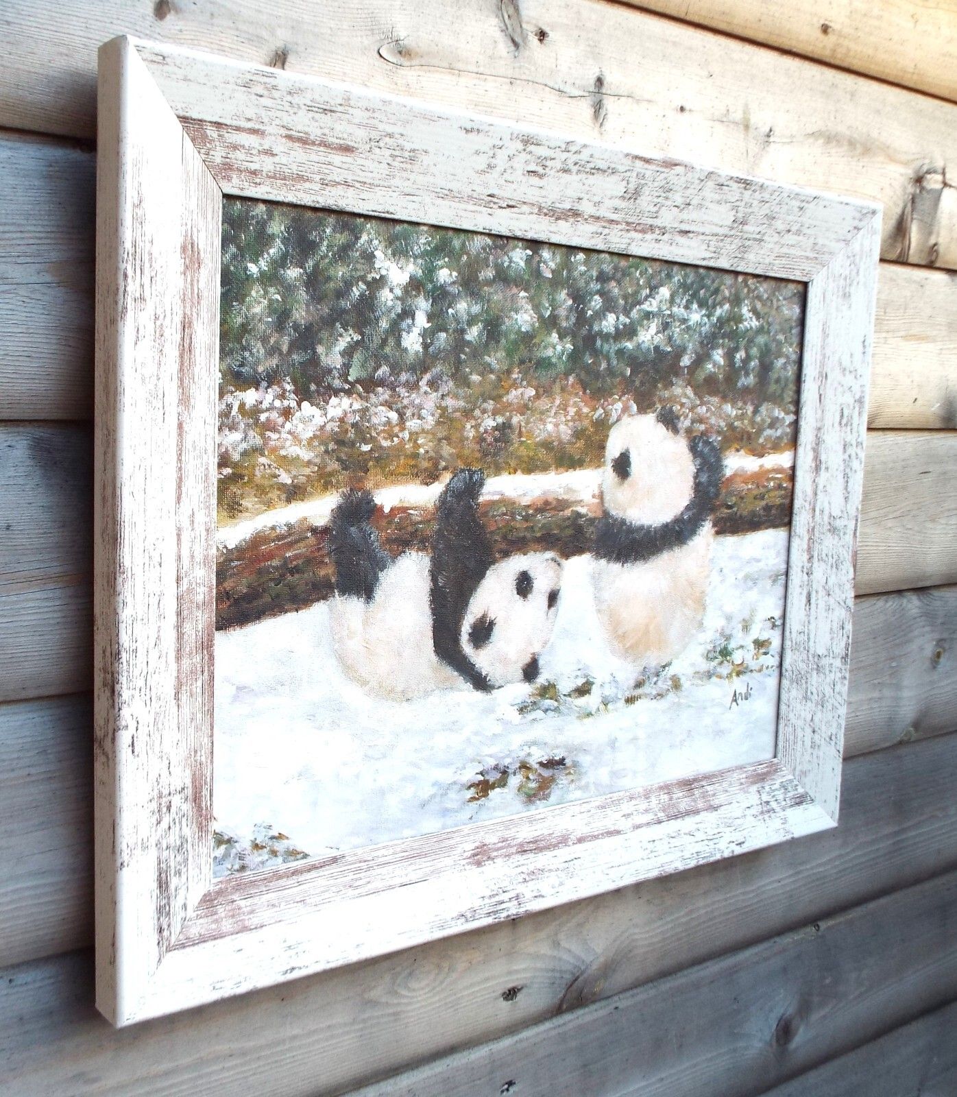 Panda Cubs Playing In Snow  Original Painting Signed  Andi J Lucas photo vinterior