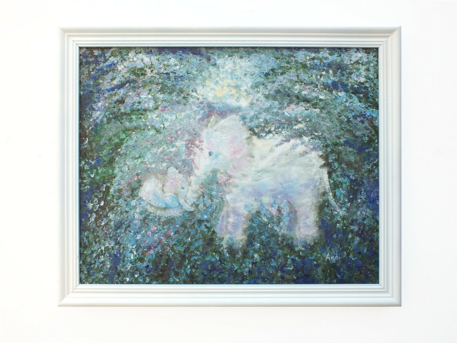 Mother & Baby Elephants Original Signed Framed Painting Whimsical Andi J Lucas