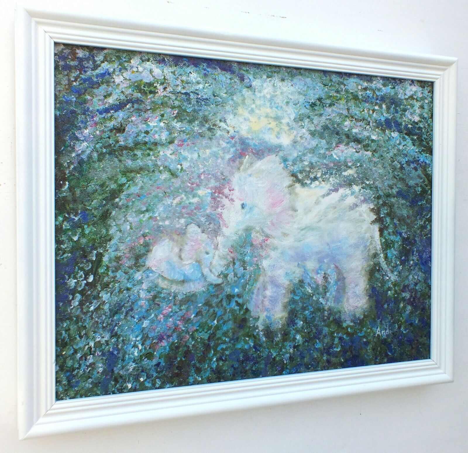 Mother & Baby Elephants Original Signed Framed Painting Whimsical Andi J Lucas photo 135.0