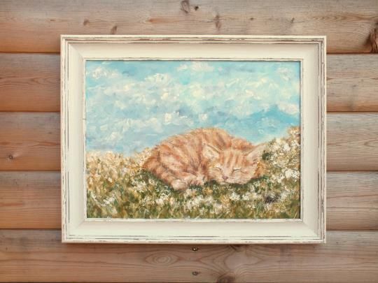 Sleeping Ginger Blonde Cat  Summer Day Original Framed Painting Andi J Lucas photo furniture