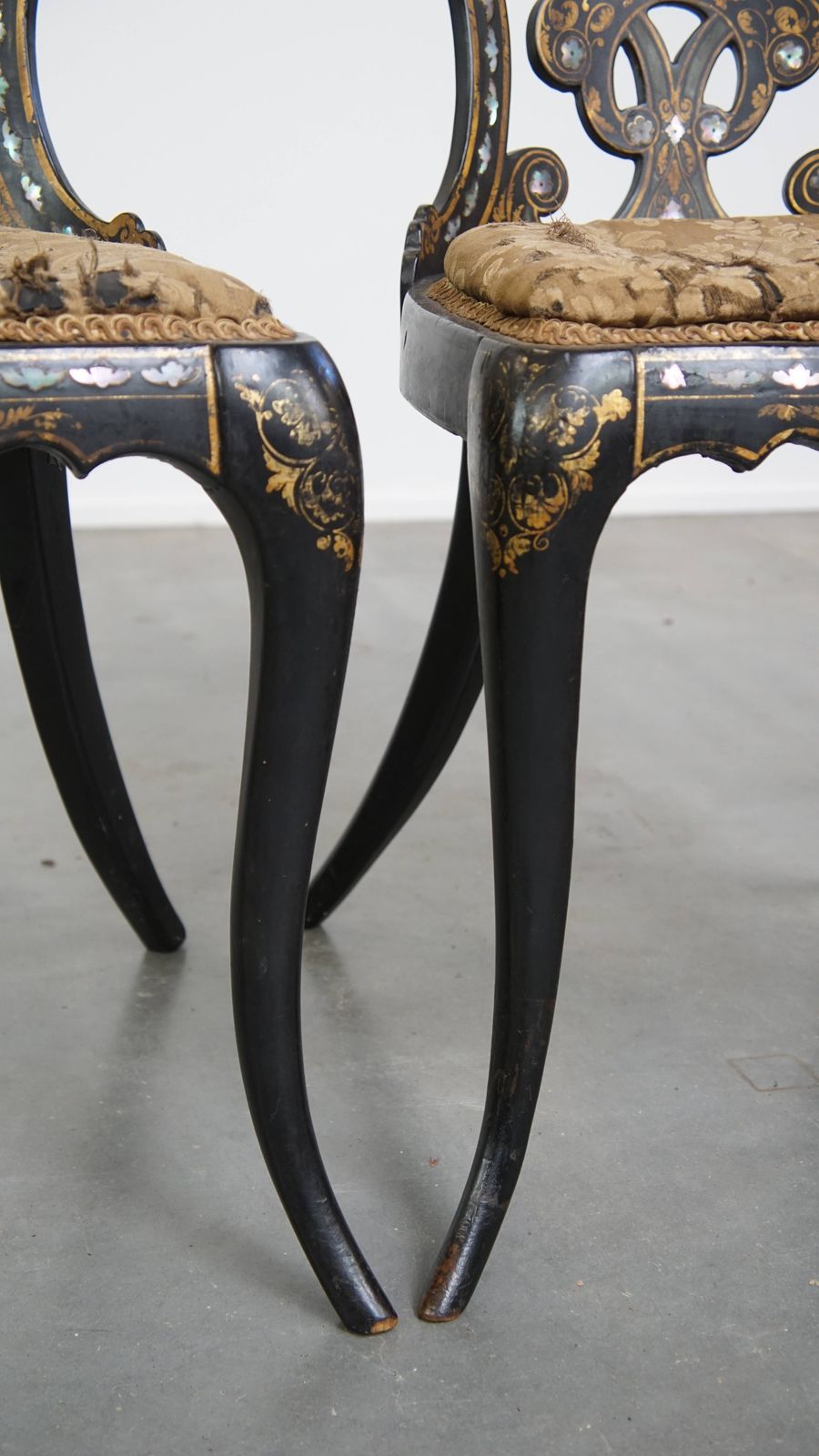 photo for sale Set Of 2 Beautiful, Unique, Ornate Antique 19th Century English Chinoiserie Mother Of Pearl Chairs