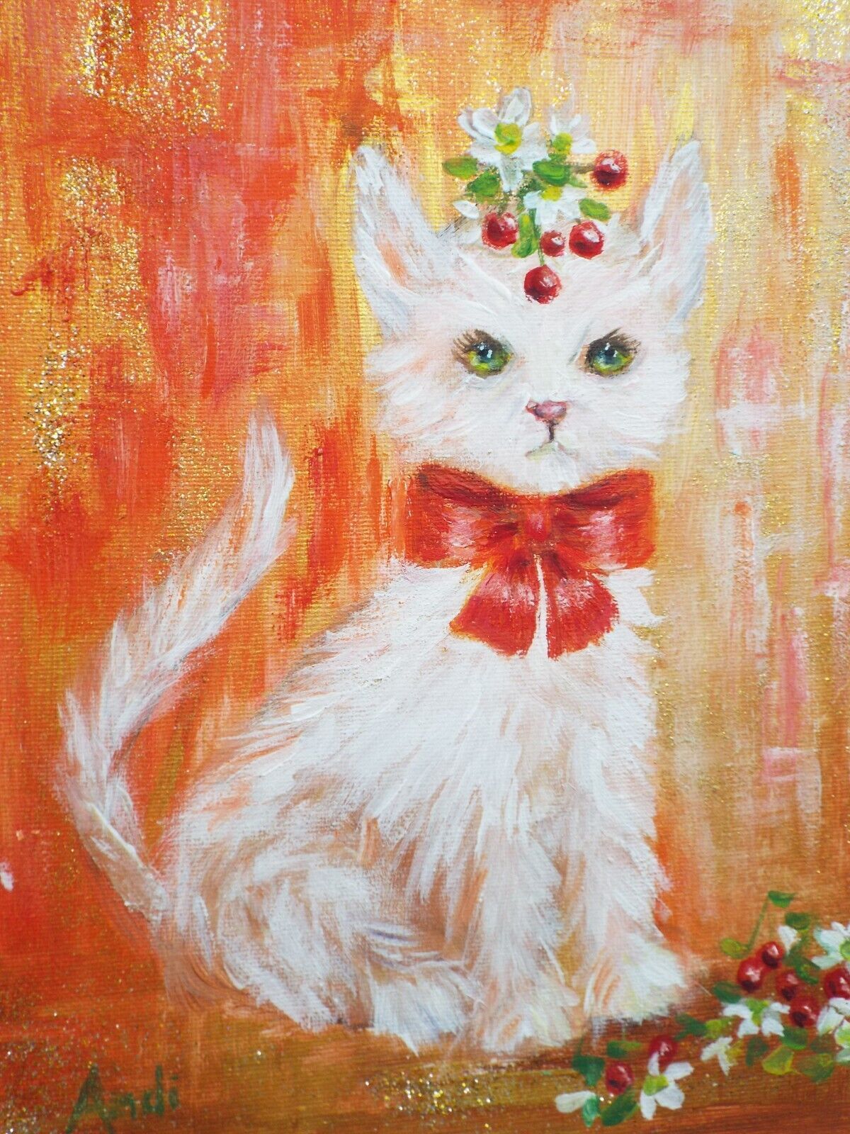Original Painting Cute White Kitten Cat With Cherries Illustration Andi J Lucas photo vinterior