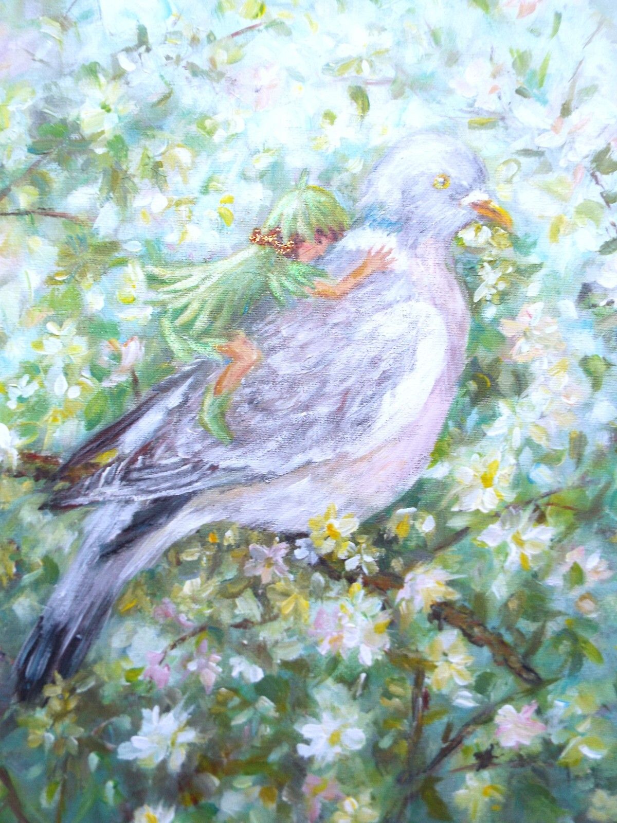 Fantasy Art Large Framed Original Painting Floral Wood Pigeon Pixie Andi J Lucas photo Art