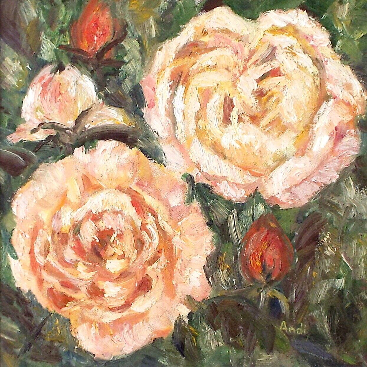 Peach Roses Original Oil Painting Signed Framed Flowers Andi J Lucas photo furniture