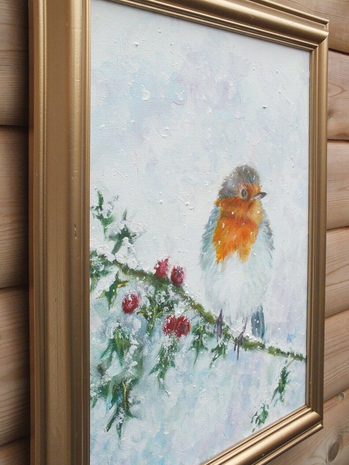 European British Robin In Winter Original Painting Signed Framed Andi J Lucas photo Art