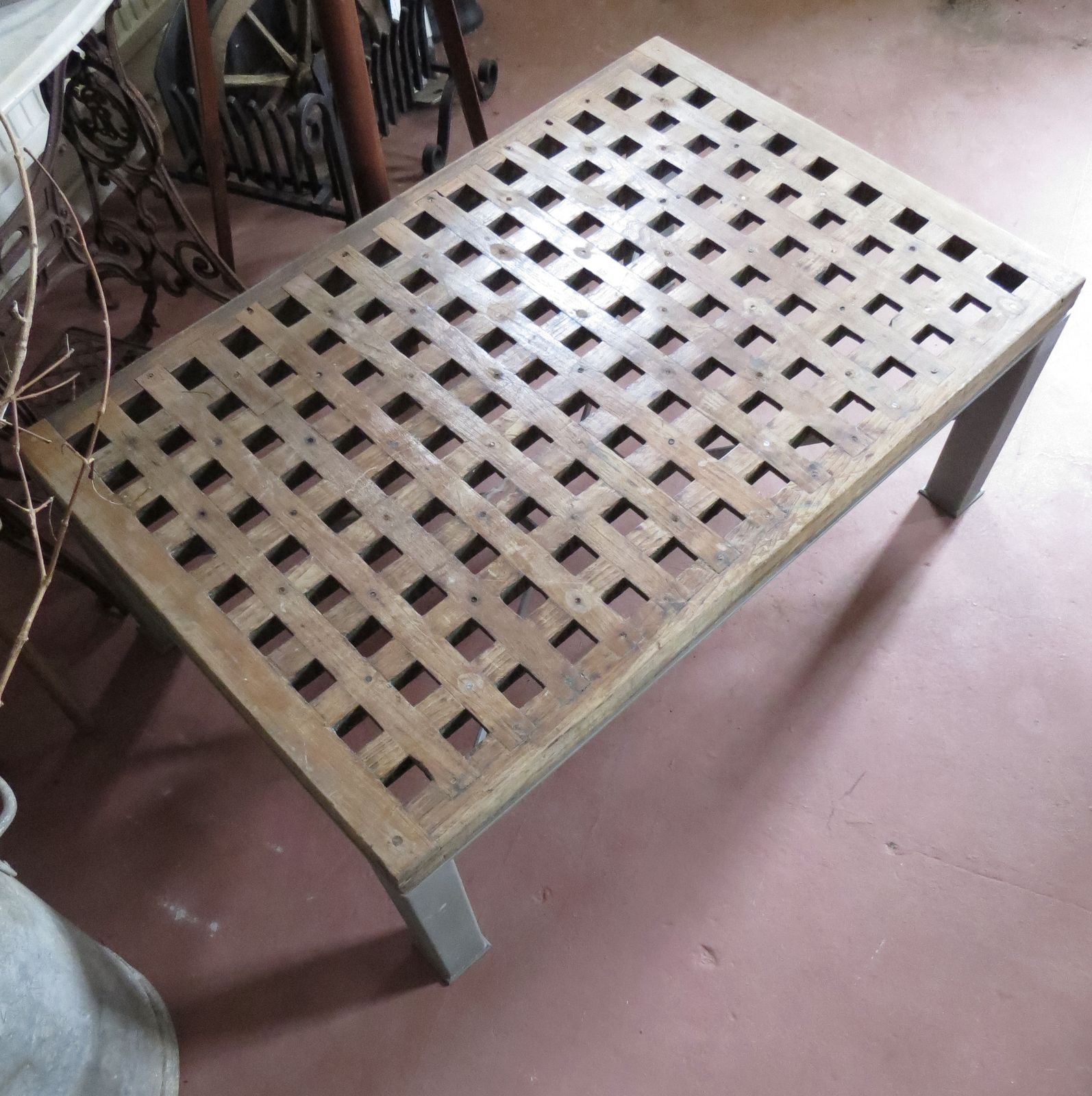 Industrial Garden Table. Teak Duck Grating Top With Steel Base. photo furniture