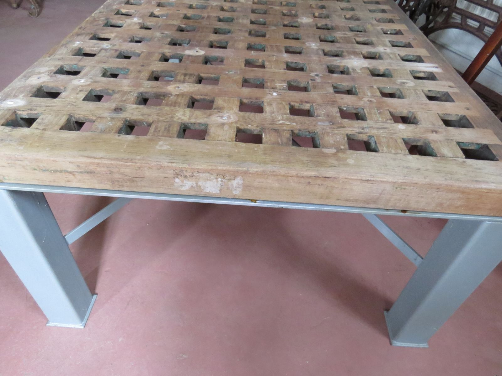 Industrial Garden Table. Teak Duck Grating Top With Steel Base. photo Garden Furniture