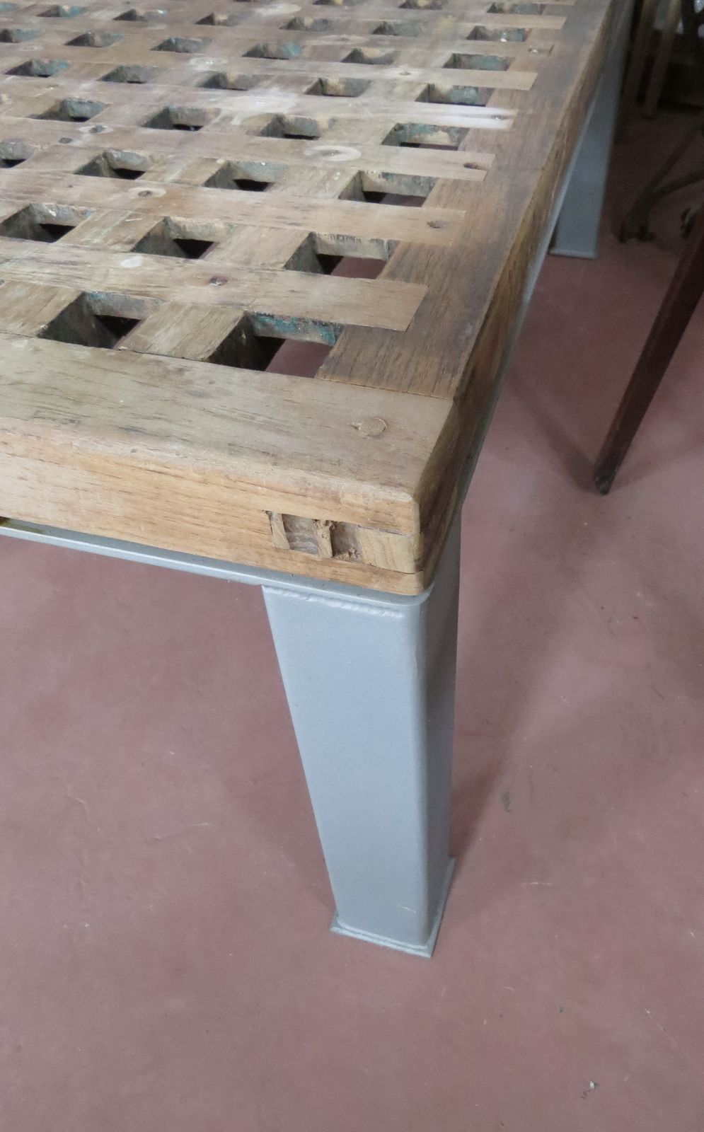 Industrial Garden Table. Teak Duck Grating Top With Steel Base. photo 595.0