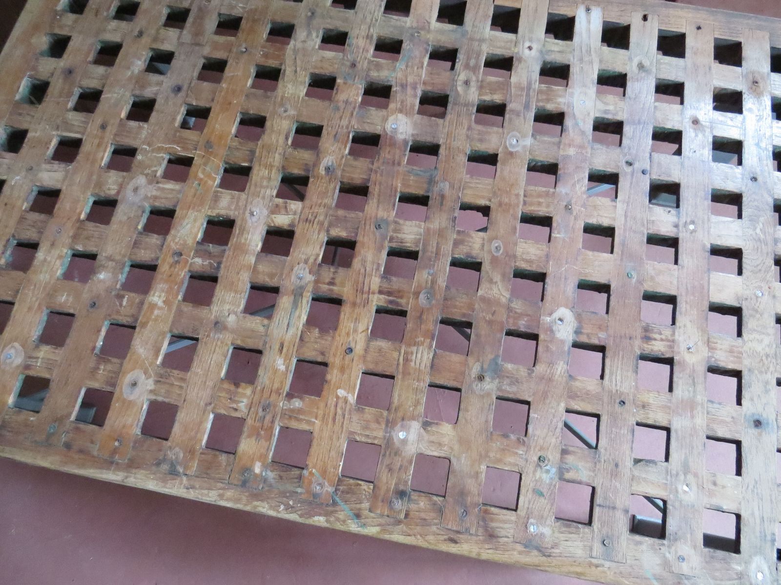 Industrial Garden Table. Teak Duck Grating Top With Steel Base. photo vinterior