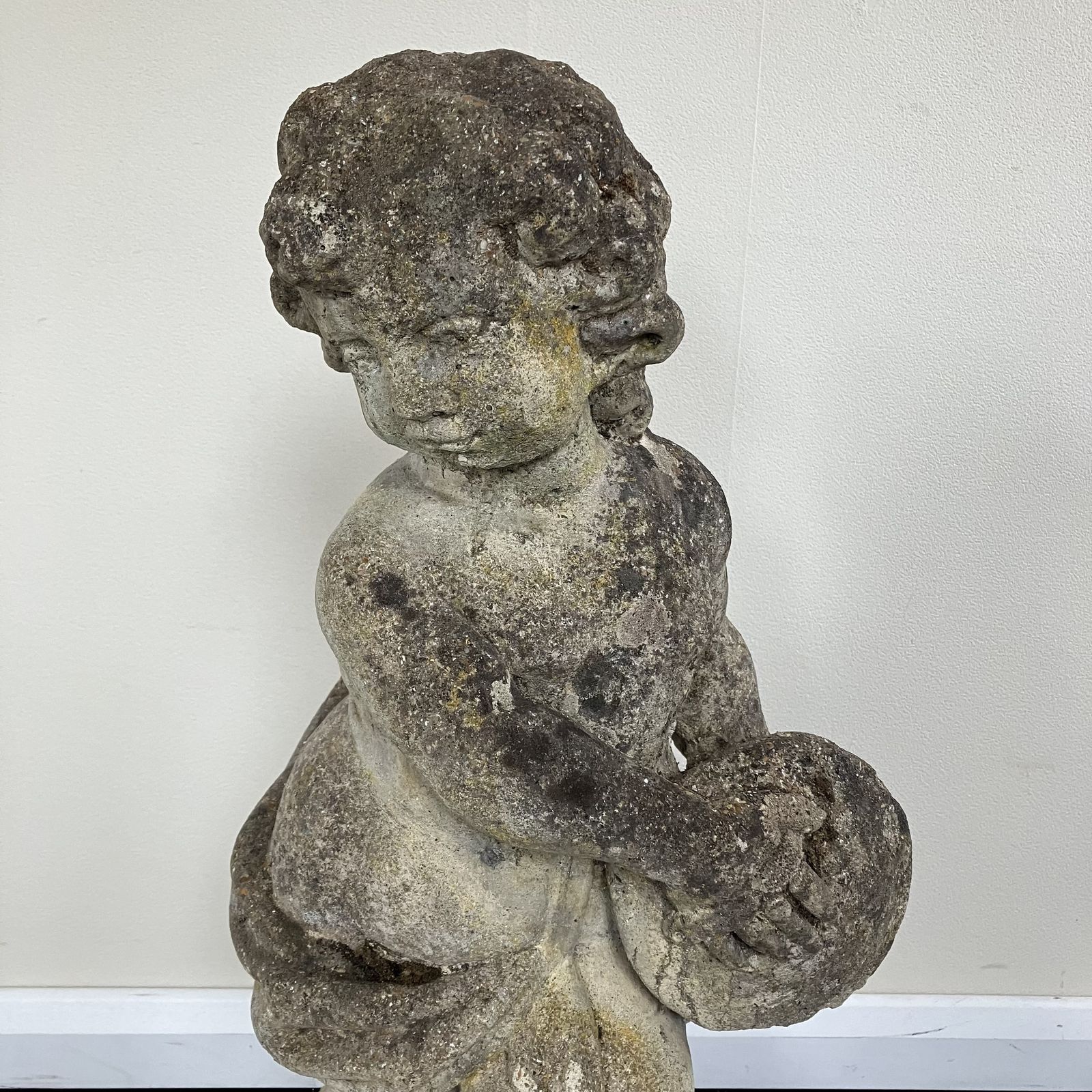 Vintage Weathered Reclaimed Cast Stone Garden Statue Cherub / Putto With Cymbals / Tambourine / Musical Instrument photo 395.0