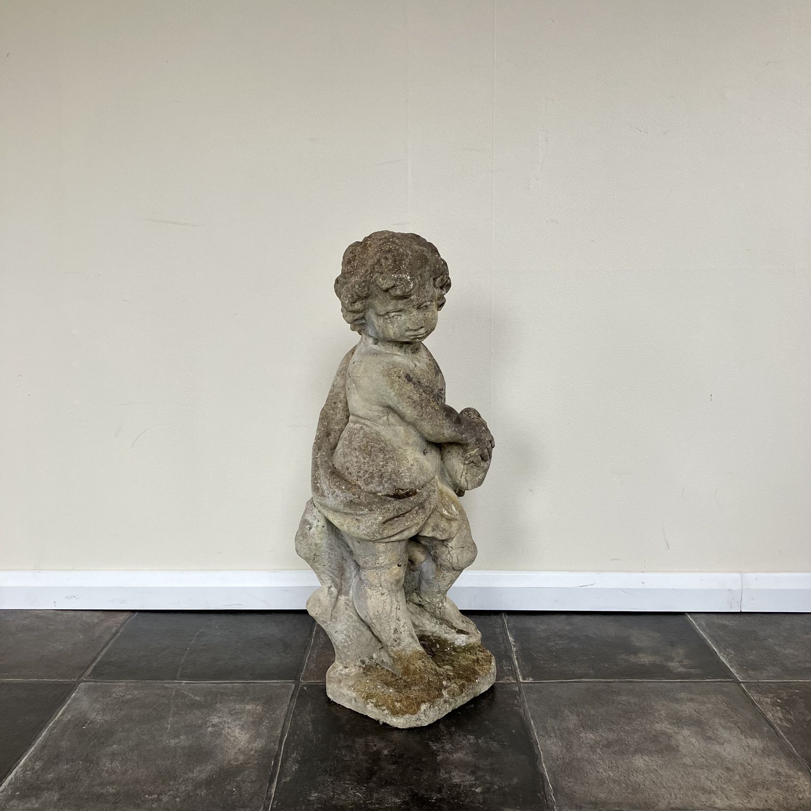 Vintage Weathered Reclaimed Cast Stone Garden Statue Cherub / Putto With Cymbals / Tambourine / Musical Instrument photo vinterior