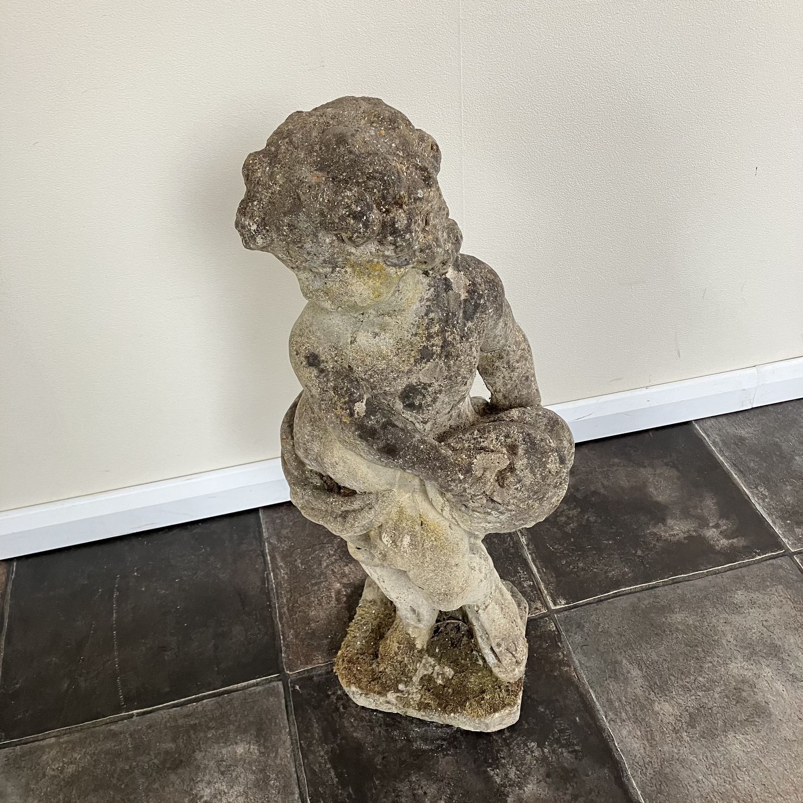 photo furniture Vintage Weathered Reclaimed Cast Stone Garden Statue Cherub / Putto With Cymbals / Tambourine / Musical Instrument