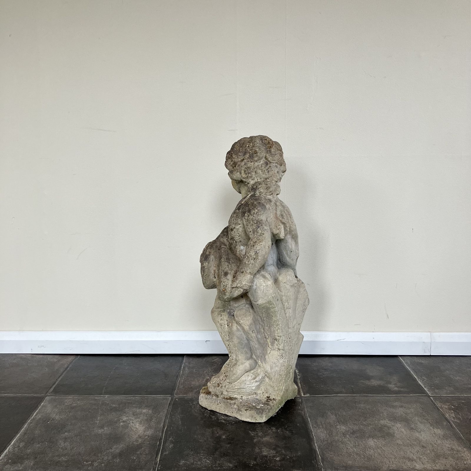 photo for sale Vintage Weathered Reclaimed Cast Stone Garden Statue Cherub / Putto With Cymbals / Tambourine / Musical Instrument