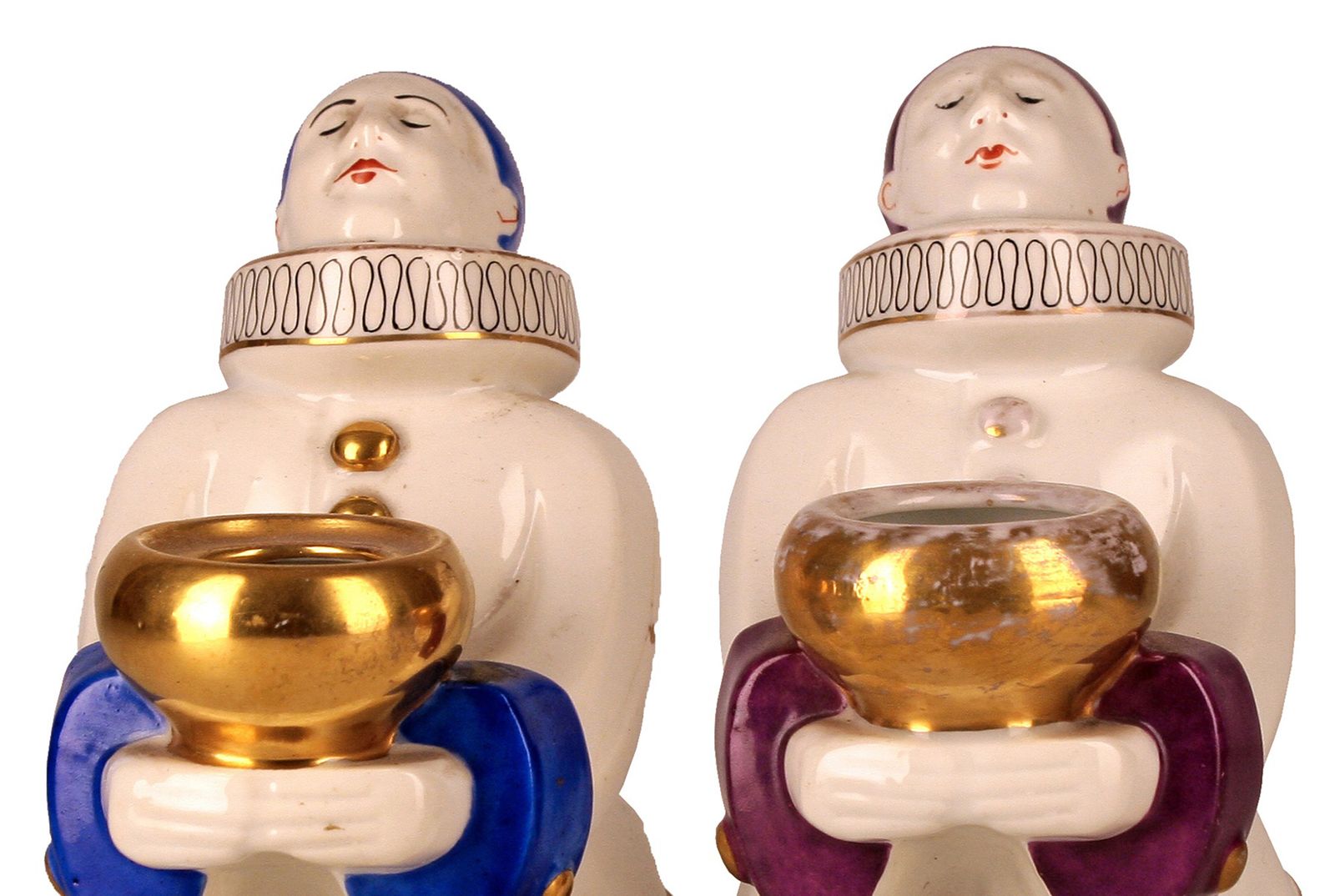 Pair Of French Art Déco Hand Painted And Glazed Ceramic Pierrot Sculptures/Perfume Lamps Designed By Aladin For Robj photo buy
