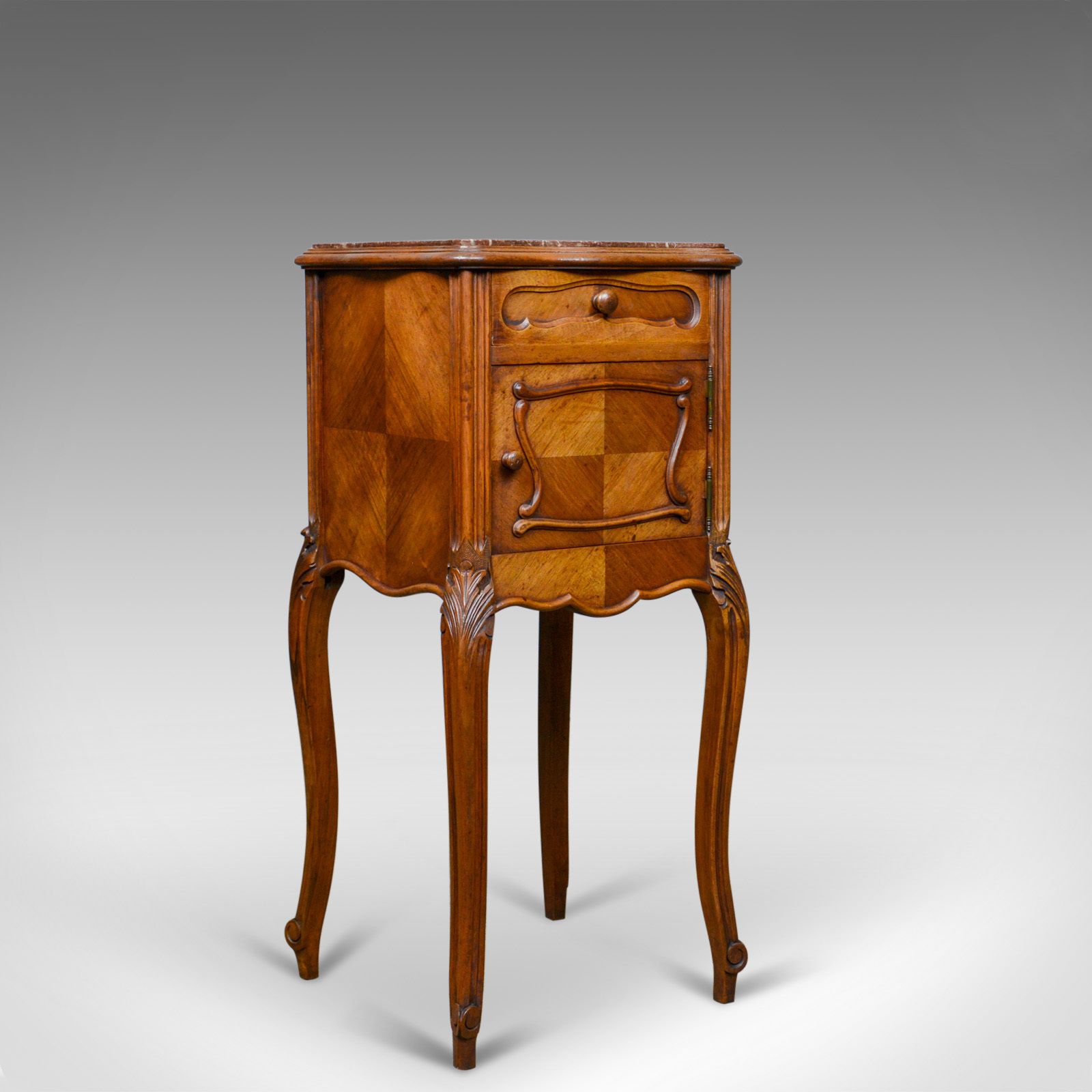 Antique French Bedside Cabinet, Edwardian, Walnut, Marble, Pot Cupboard, C.1910