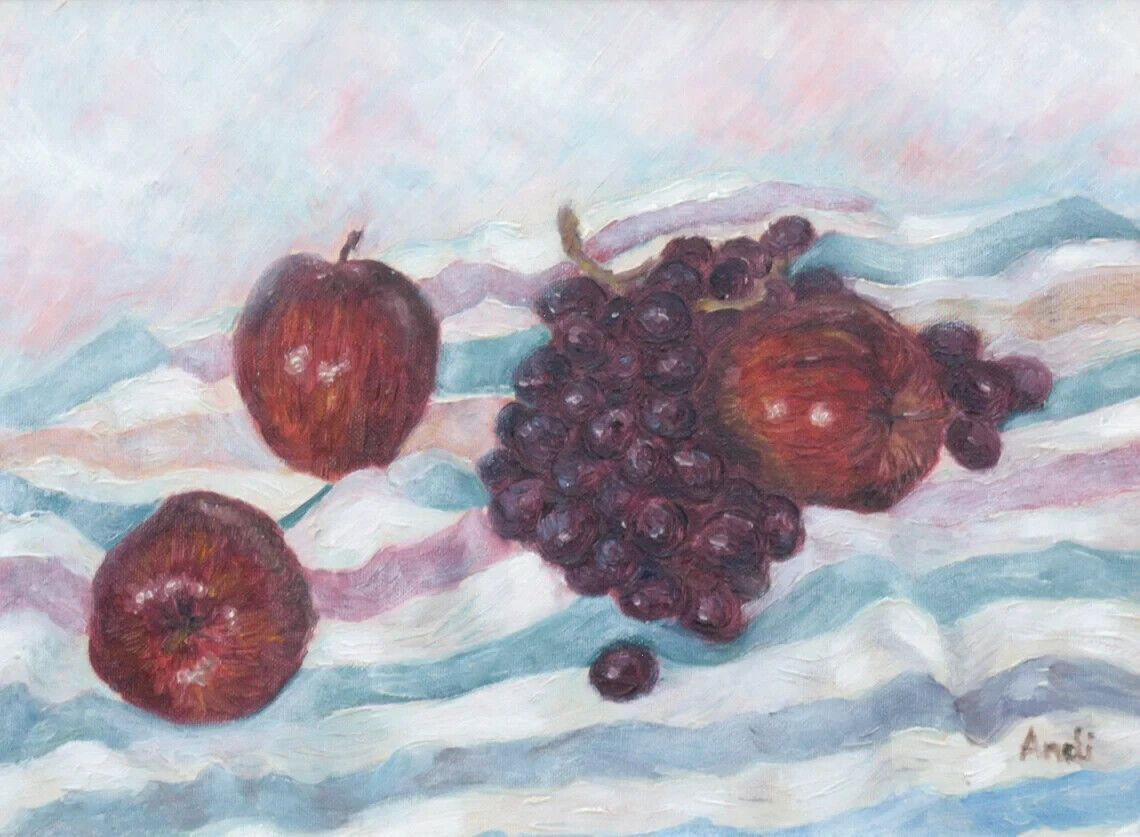 Original Signed Framed Oil Painting Fruits Red Apples Black Grapes Andi J Lucas photo for sale
