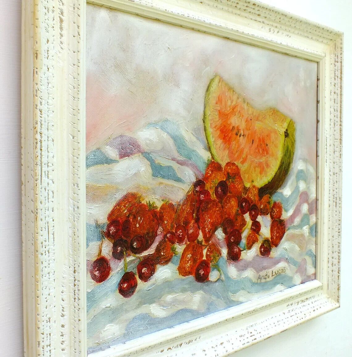 Original Signed Framed Oil Painting Fruits Watermelon Strawberries Andi J Lucas photo 466.0
