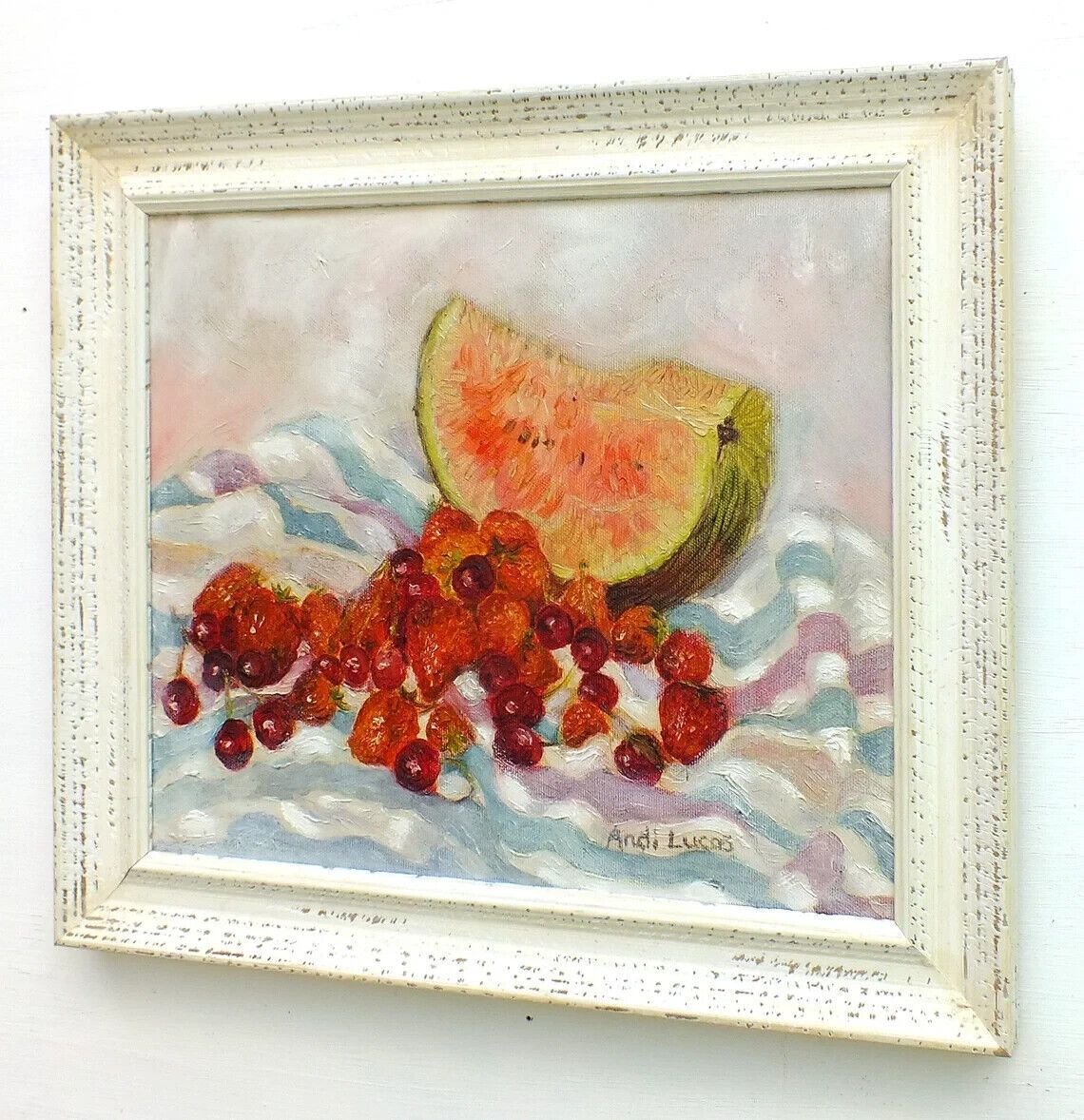 Original Signed Framed Oil Painting Fruits Watermelon Strawberries Andi J Lucas photo buy