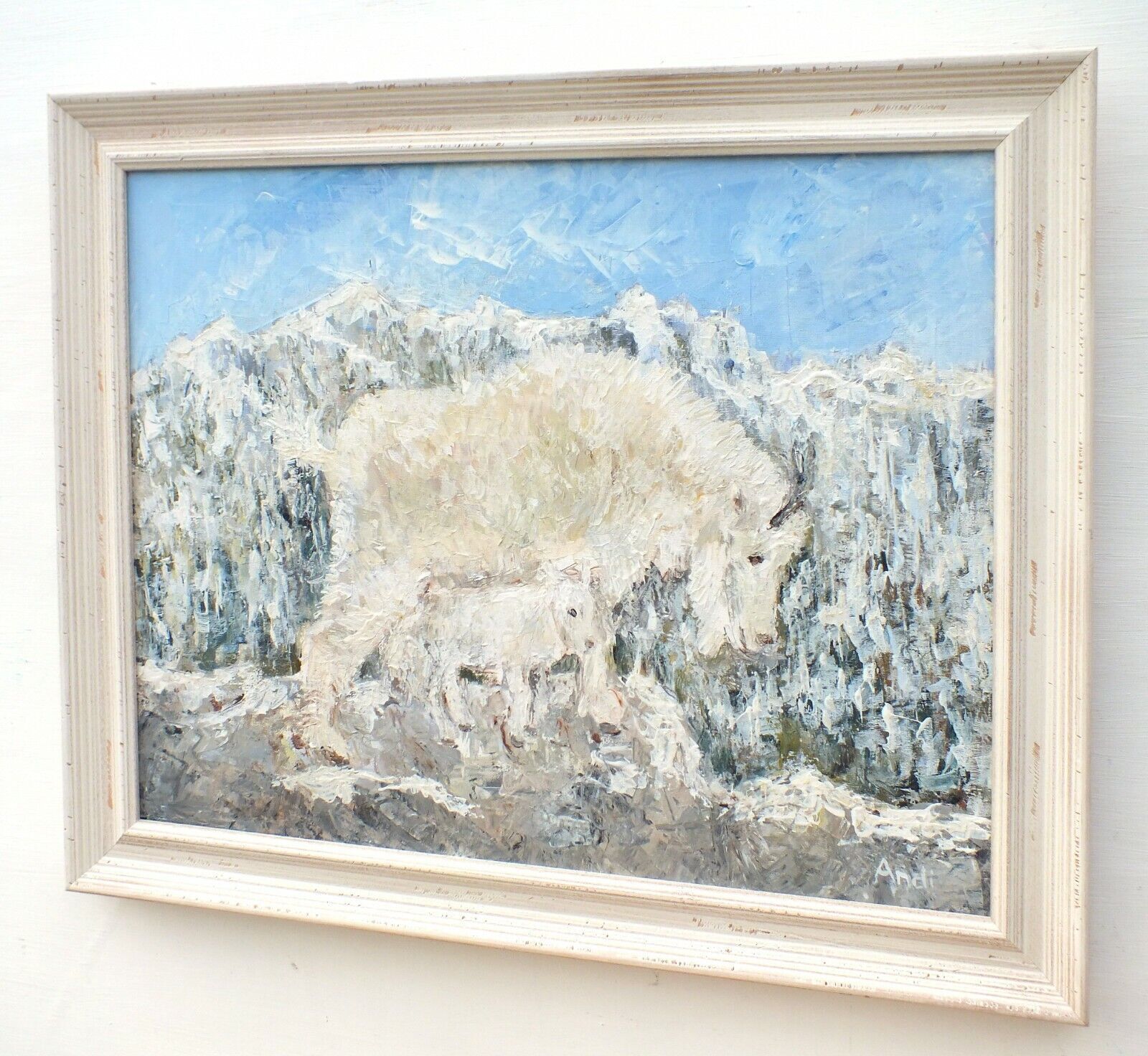 Mother & Kid Mountain Goats Original Painting  Signed Framed Andi J Lucas photo for sale