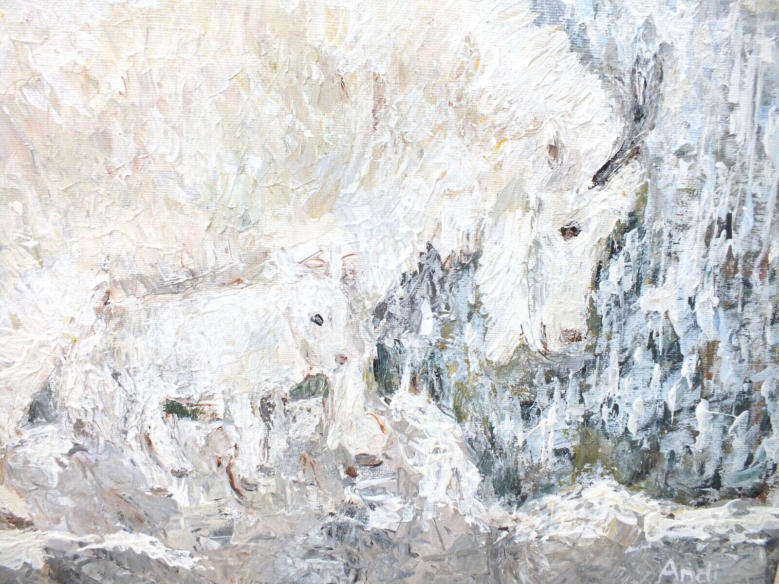 Mother & Kid Mountain Goats Original Painting  Signed Framed Andi J Lucas photo vintage