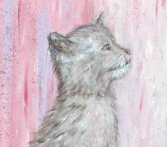 Grey Cat Kitten In Pink Rain Original  Framed Painting Andi J Lucas photo Art
