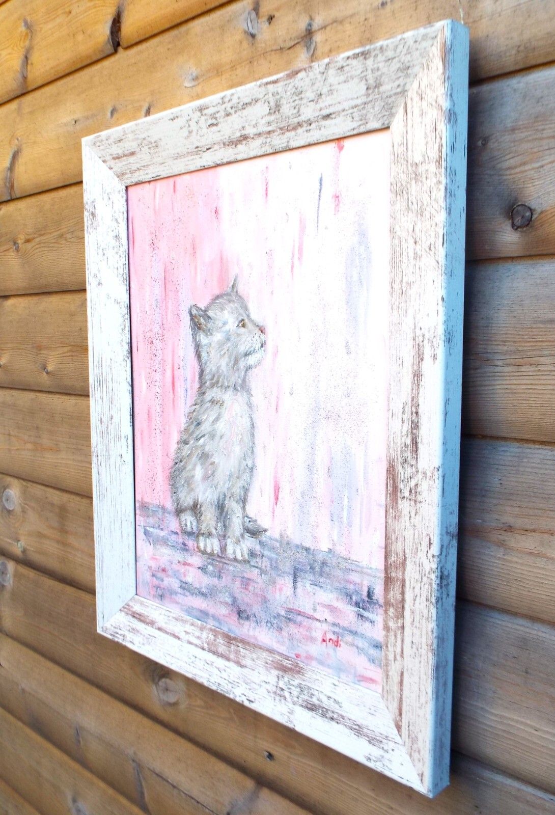 Grey Cat Kitten In Pink Rain Original  Framed Painting Andi J Lucas photo buy