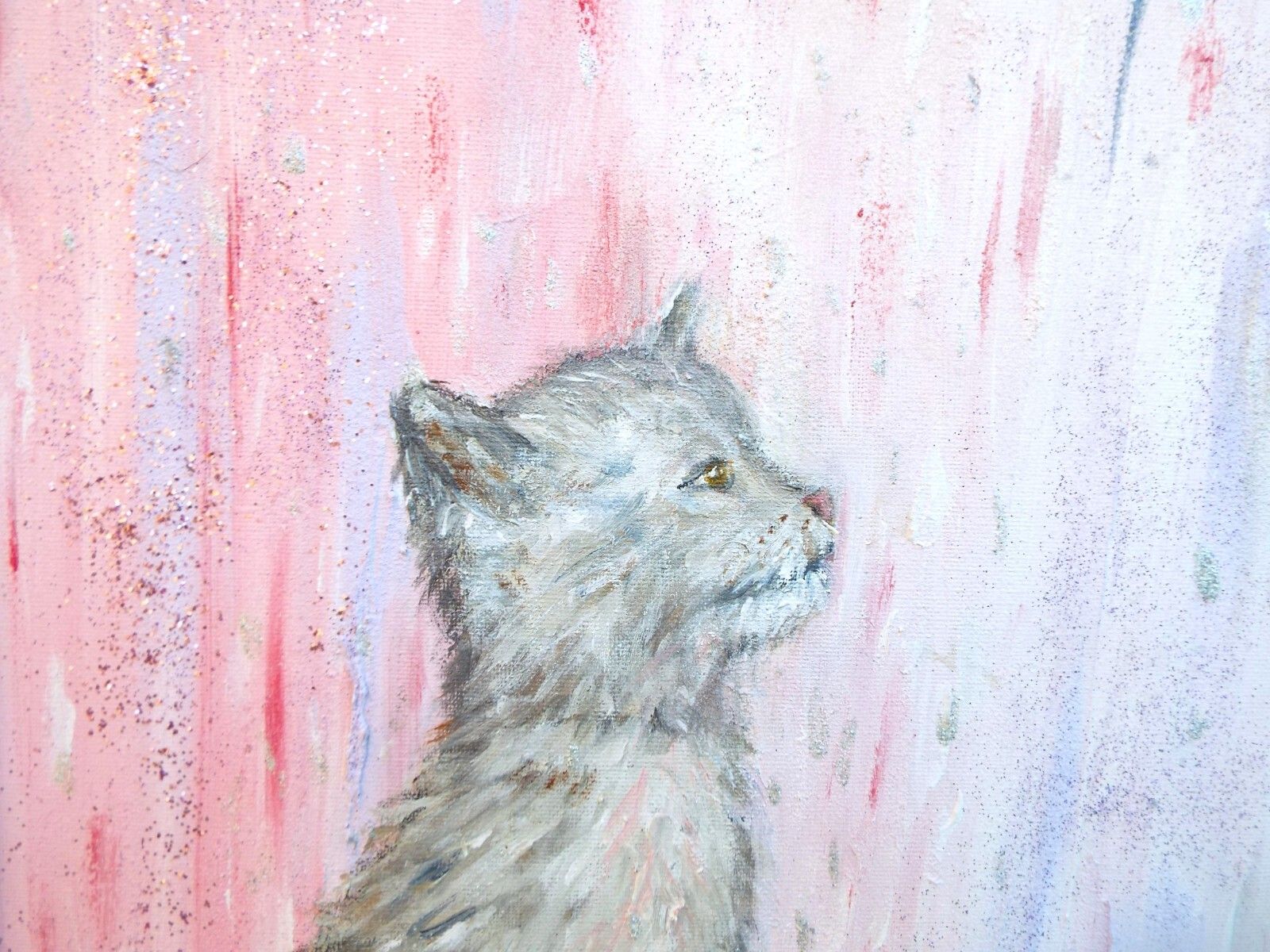 photo furniture Grey Cat Kitten In Pink Rain Original  Framed Painting Andi J Lucas