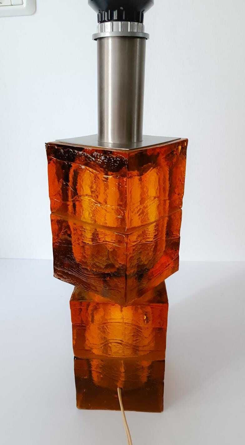 Rara Lampada Da Tavolo Design Albano Poli Poliarte Doppio Blocco Di Vetro Color Ambra Space Age Vintage photo vinterior