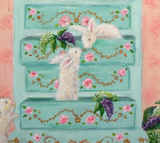 White Rabbits And Floral Lilacs Original Framed Painting Andi J Lucas photo Art