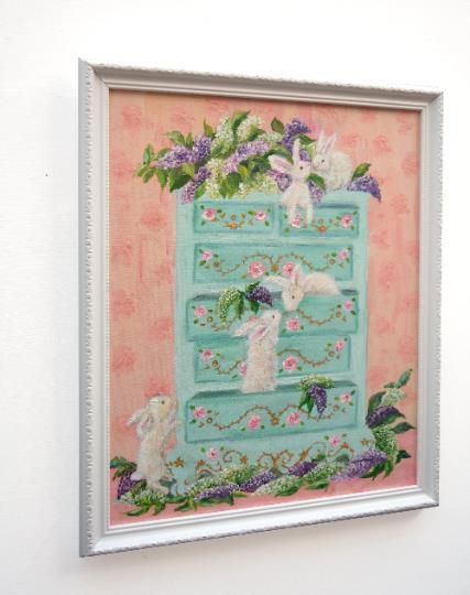 White Rabbits And Floral Lilacs Original Framed Painting Andi J Lucas photo vinterior