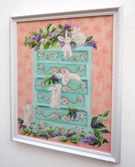 White Rabbits And Floral Lilacs Original Framed Painting Andi J Lucas photo buy
