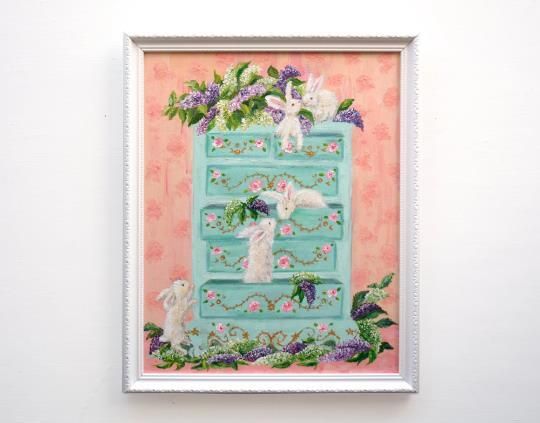 photo for sale White Rabbits And Floral Lilacs Original Framed Painting Andi J Lucas