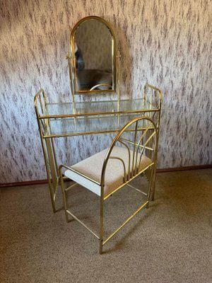Vintage Dressing Table And Stool In Brass, 1950s, Set Of 2 photo for sale