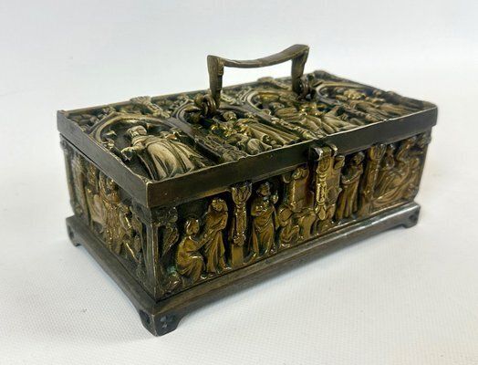 Antique Gothic Revival Bronze Jewelry Box With Religious Scenes, 19th Century
