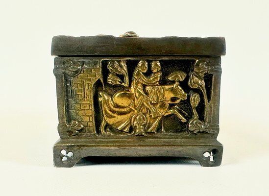 Antique Gothic Revival Bronze Jewelry Box With Religious Scenes, 19th Century photo vinterior