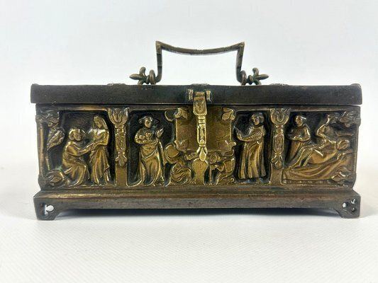 photo for sale Antique Gothic Revival Bronze Jewelry Box With Religious Scenes, 19th Century